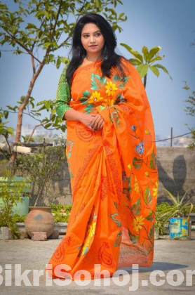 Half Silk Saree With Hand Print